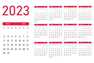 2023 year calendar in Turkish language.
Monday is the beginning of the week.