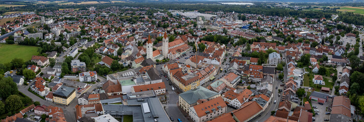 Aerial view of the old town of the city Moosburg in Bavaria, Germany on a sunny morning in summer.