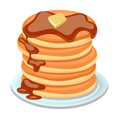 Tasty pancakes with caramel. Pancakes on white plate. Baking with syrup, berries, butter or honey. Breakfast