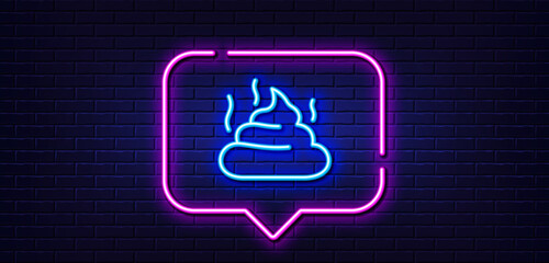 Neon light speech bubble. Feces line icon. Pets excrement sign. Poop or turd symbol. Neon light background. Feces glow line. Brick wall banner. Vector