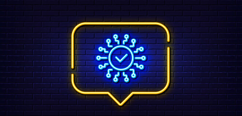 Neon light speech bubble. Security network line icon. Cyber defence sign. Artificial intelligence symbol. Neon light background. Security network glow line. Brick wall banner. Vector