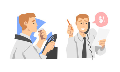 Fototapeta na wymiar Young man daily routine set. Businessman driving to work and talking on phone cartoon vector illustration