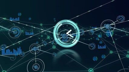 Animation of neon ticking clock over network of digital icons against blue background - Powered by Adobe