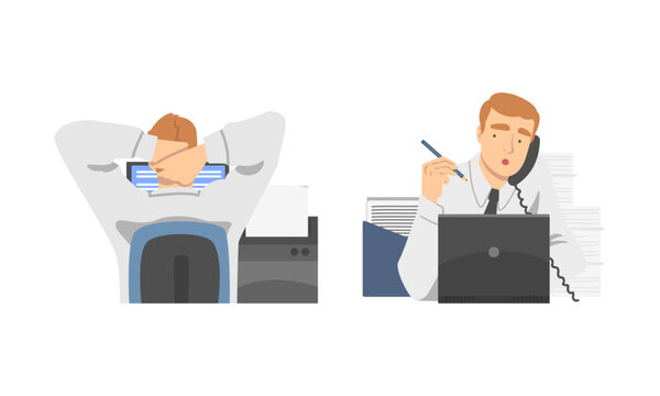 Young man daily routine set. Businessman working at computer and talking on phone in office cartoon vector illustration