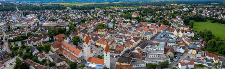 Fototapeta na wymiar Aerial view of the city Moosburg in Bavaria, Germany on a sunny morning in summer.