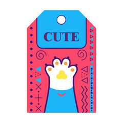 Trendy tag design with kitty paws. Elements with greeting text and paws. Domestic animals and pets concept. Template for greeting labels or invitation card