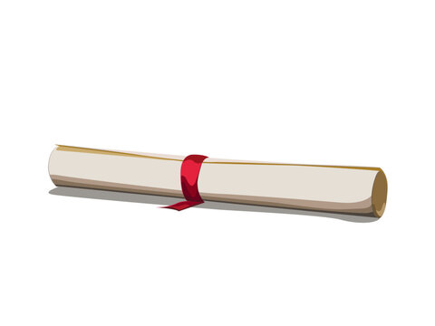 A paper roll of parchment tied with a red ribbon.