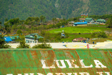 view of Lukla village and Lukla airport, Khumbu valley, Solukhumbu, Everest area, Nepal Himalayas,...