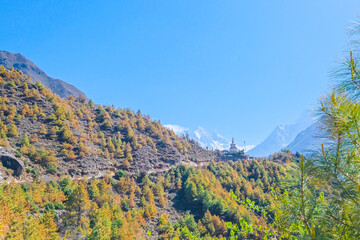 view of Ama Dablam and Himalayan Mountains from Nangkar Tshang View Point, Dingboche, Sagarmatha national park, Everest Base Camp 3 Passes Trek, Nepal.