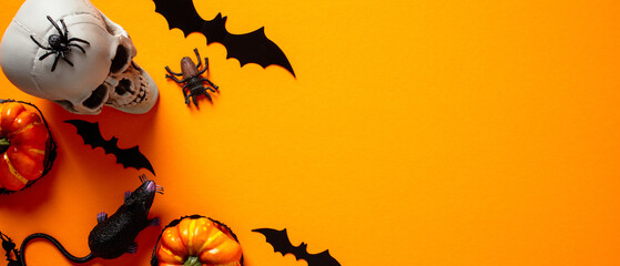 Happy Halloween banner template with copy space, header mockup. Skull, bats, pumpkins, spiders on...