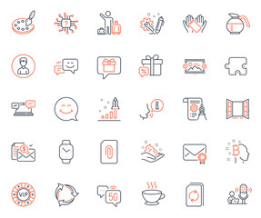 Business icons set. Included icon as Development plan, Open door and Coffee cup web elements. Image carousel, Airport transfer, Engineering icons. Update document, Smile face. Vector