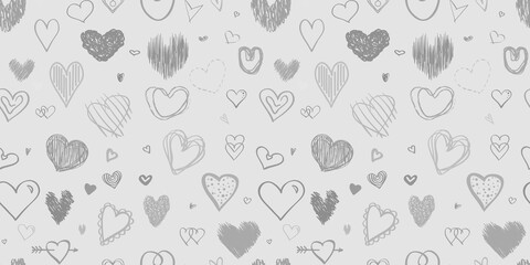 Hand drawn background with hearts. Seamless grungy wallpaper on surface. Chaotic texture with many love signs. Lovely pattern. Line art. Black and white illustration for design