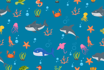 Naklejka na ściany i meble cute sea life cartoon seamless pattern animals and fishes. Seamless pattern background