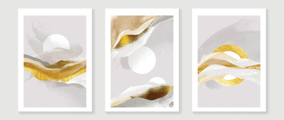 Set of abstract wall art background vector. Luxury wall decoration design with moon, sun, landscape, mountain, gold texture, watercolor. Design for interior, prints, cover, and postcard, wallpaper.