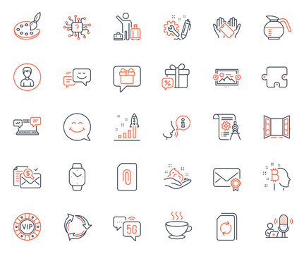 Business icons set. Included icon as Development plan, Open door and Coffee cup web elements. Image carousel, Airport transfer, Engineering icons. Update document, Smile face. Vector