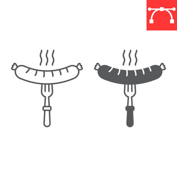 Sausage on fork line and glyph icon, meat and oktoberfest, bratwurst on fork vector icon, vector graphics, editable stroke outline sign, eps 10.