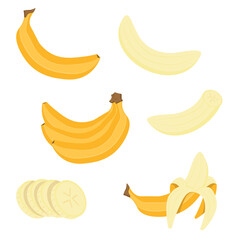 Set of bananas in flat style. One banana, bunch of bananas, in section, peeled banana. Healthy food with fruits