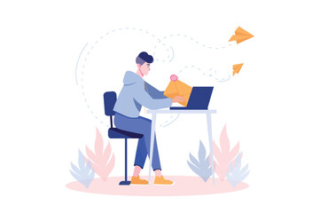 Email service concept with people scene in flat cartoon design. Man is engaged in sending letters to different parts of the world using laptop. Vector illustration.