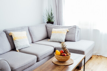 Stylish and modern scandinavian interior of open space living room with bamboo bowl with fruits on the coffee table, gray couch sofa, and many green plants. Biophilia. Open space home interior design