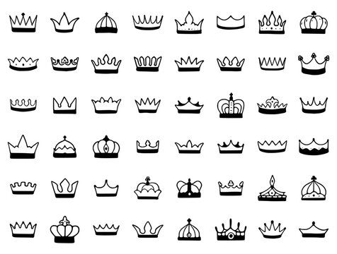 Crown hand drawn icon set isolated on white background. Royal or queen sign, premium symbols, doodles clip art.