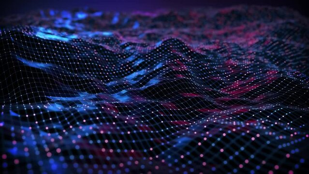 4k particle landscape background with smal animated waves and points metaverse