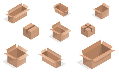 Set of recycling cardboard brown delivery boxes or postal parcel packaging, realistic vector illustration isolated on white background. Mail containers in various shapes.