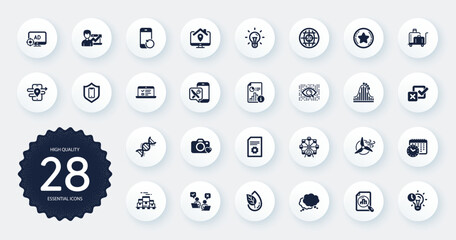 Set of Technology icons, such as Seo adblock, Checkbox and Food app flat icons. Analytics graph, Gps, Idea web elements. Ferris wheel, Speech bubble, Artificial intelligence signs. Vector