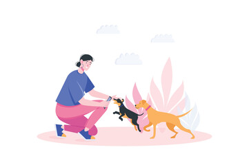 Concept Sit in gadgets with people scene in flat cartoon design. Woman is playing with dogs in the yard and sitting on smartphone at the same time. Vector illustration.