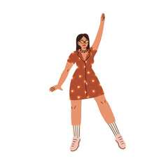 Happy girl dancing, moving to music with arm up. Modern young woman dancer in fashion trendy outfit, summer dress, sneakers and sunglasses. Flat vector illustration isolated on white background