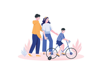 Fototapeta premium Healthy family concept with people scene in flat cartoon design. Happy family walks outdoors and teaches a child to ride a bicycle. Vector illustration.