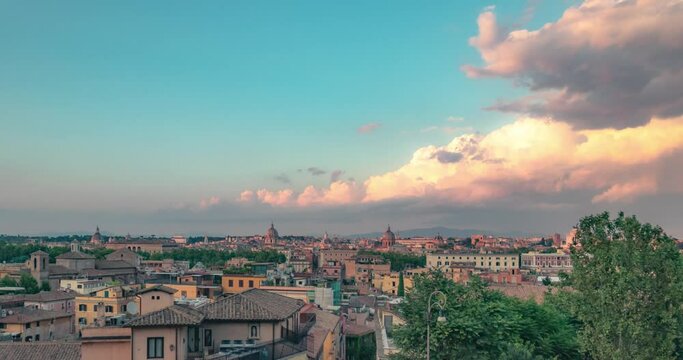 4K Timelapse view from Gianicolo over the skyline of the city of Rome Italy. Movement of the clouds during sunset.
