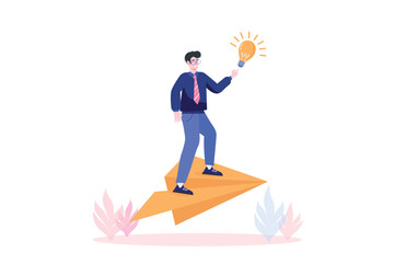 Startup concept with people scene in flat cartoon. Energetic man with new creative ideas is trying to achieve high recognition. Vector illustration.