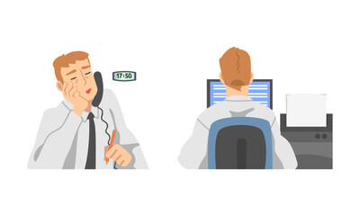 Businessman daily routine set. Guy working at computer and talking on phone in office cartoon vector illustration