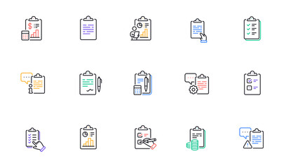 Fototapeta premium Checklist documents line icons. Agreement info, Clipboard manager, Accounting Report. Medical schedule, Document list and Voting checklist line icons. Data calculation, Contract document. Vector