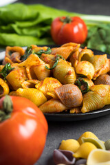 Italian macaroni homemade recipe surrounded of ingredients 