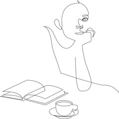 Continuous one line drawing of woman sitting in cafe with book and coffee cup. Vector Illustration.