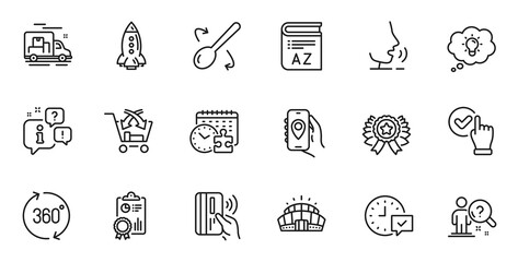 Outline set of Cross sell, Inspect and Location app line icons for web application. Talk, information, delivery truck outline icon. Include Cooking spoon, Select alarm, Vocabulary icons. Vector