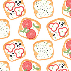 Seamless pattern with sandwiches. Pattern with sandwich with tomato, pepper. Vector illustration.
