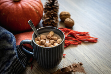 Obraz na płótnie Canvas Eine Tasse heiße Schokolade mit Marshmellows und Herbst Dekoration auf einem Holz Tisch. Nahaufnahme.
