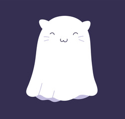 Cute Halloween ghost character. Funny spooky baby spirit smiling. Friendly spook of Helloween holiday. Magic sweet phantom with happy face expression, emotion. Isolated flat vector illustration