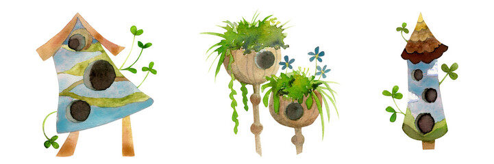 Watercolor hand drawn set of birdhouses with plants and flowers, isolated on white background. Design elements for cards, gift bags, invitations, textile, print, wallpaper, for children