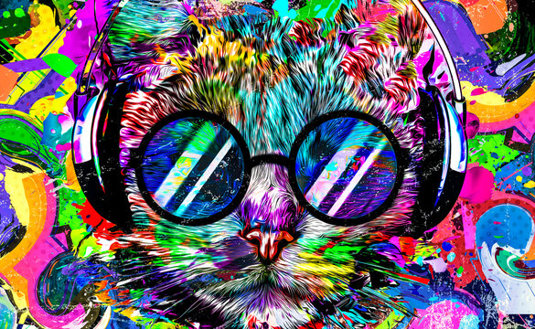 abstract colored cat muzzle in eyeglasses and headphones isolated on white background with paint splashes