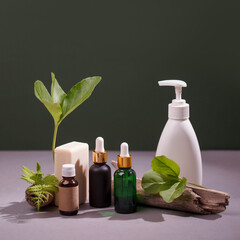 Obraz na płótnie Canvas Glass brown green containers for cosmetics with wood. Serum, soap, dropper bottle and lotion. Green background. Selfcare, beauty, spa salon, eco friendly concept. Cosmetic set. Pipette and dispenser