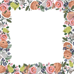 Vector floral frame. Roses and peonies arranged in border on white background