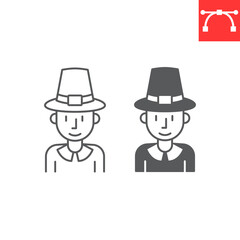 Pilgrim man line and glyph icon, thanksgiving and traditional, pilgrim man vector icon, vector graphics, editable stroke outline sign, eps 10.