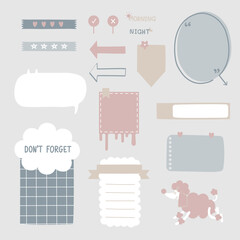 set of cute doodle text box planner with icon sticker, speech bubble balloon, flat design, vector, illustration