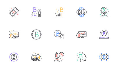 Cryptocurrency line icons. Blockchain, Crypto ICO and Bitcoin. Mining linear icon set. Bicolor outline web elements. Vector