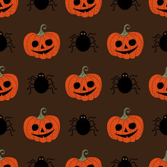 Seamless pattern with pumpkins. Halloween, pumpkin with scary eyes. Flat illustration. Vector.