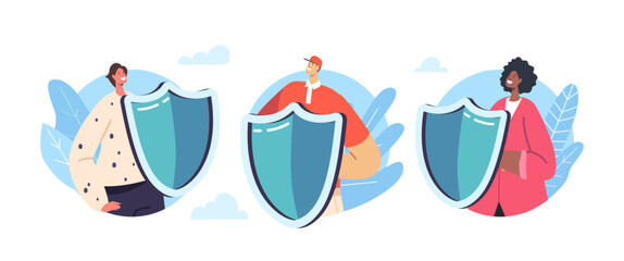 Set Business People Wearing Formal Suits Holding Shields Isolated Round Icons or Avatars. Data Base, Health Protection