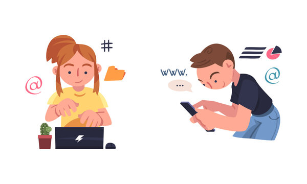 Teenagers chatting with phone and laptop computer on social media set cartoon vector illustration